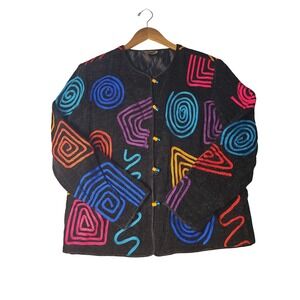 VTG Allure Jacket L Black Multicolor Geometric Spiral Eclectic Embroidery Artsy